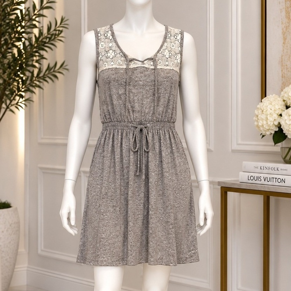 Mossimo Women Dress Heather Gray Lace Yoke Elastic Waist Medium